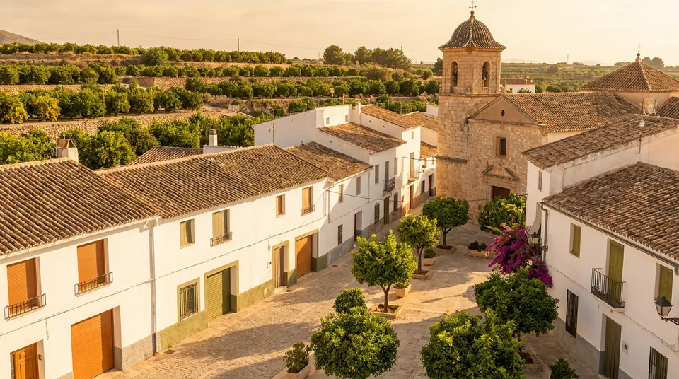 Casas bajas y un campanario entre huertos de la vega
