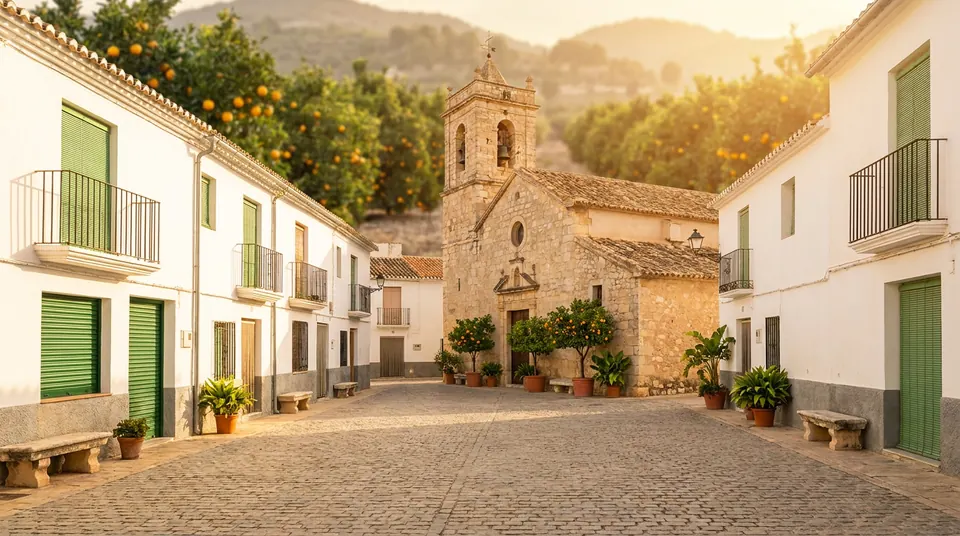 Calle de pueblo con casas blancas de persianas verdes y una iglesia de piedra al fondo