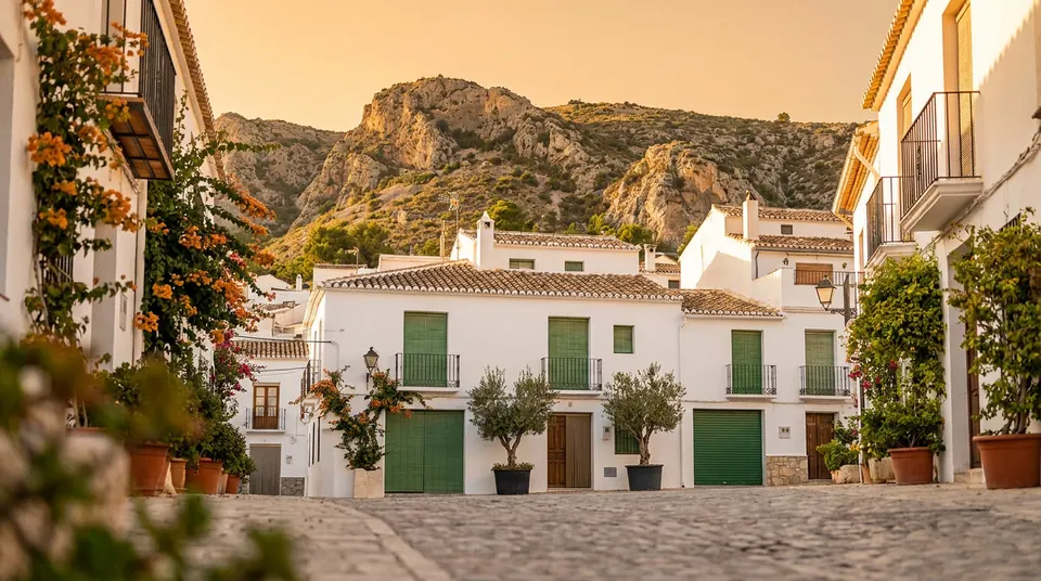 Casas blancas con persianas verdes al pie de una sierra de roca