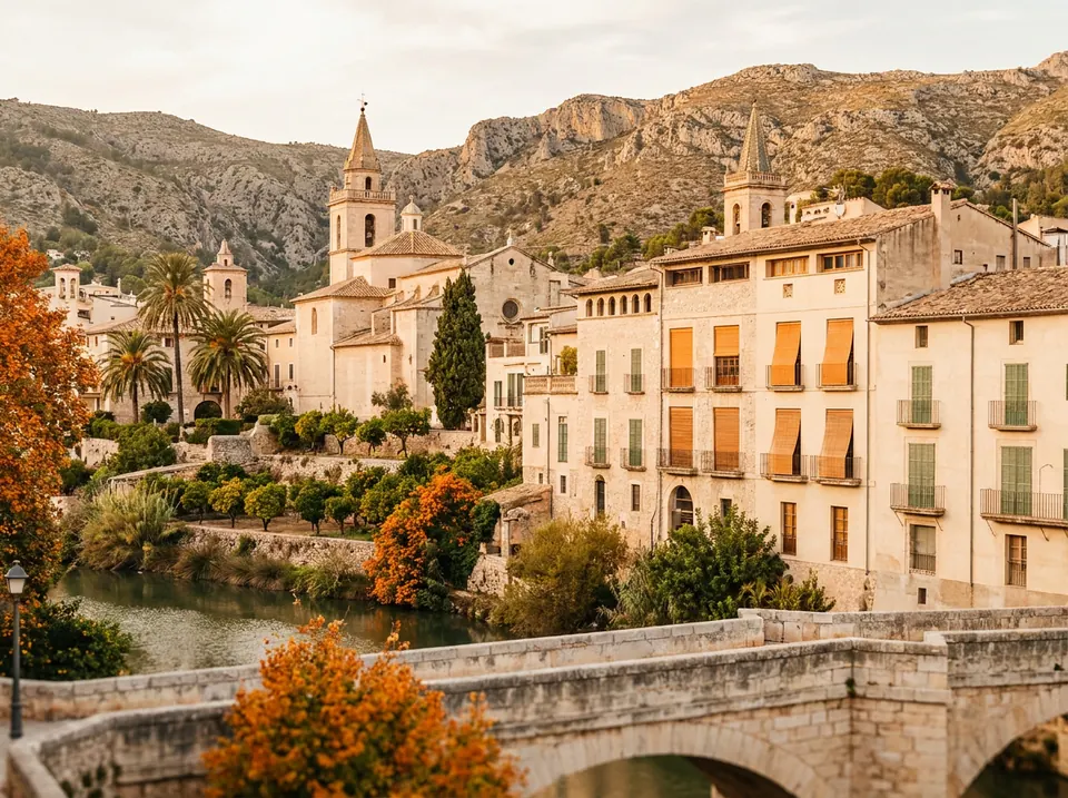Orihuela junto al Segura, con el puente de piedra, las torres del casco antiguo y la sierra detrás